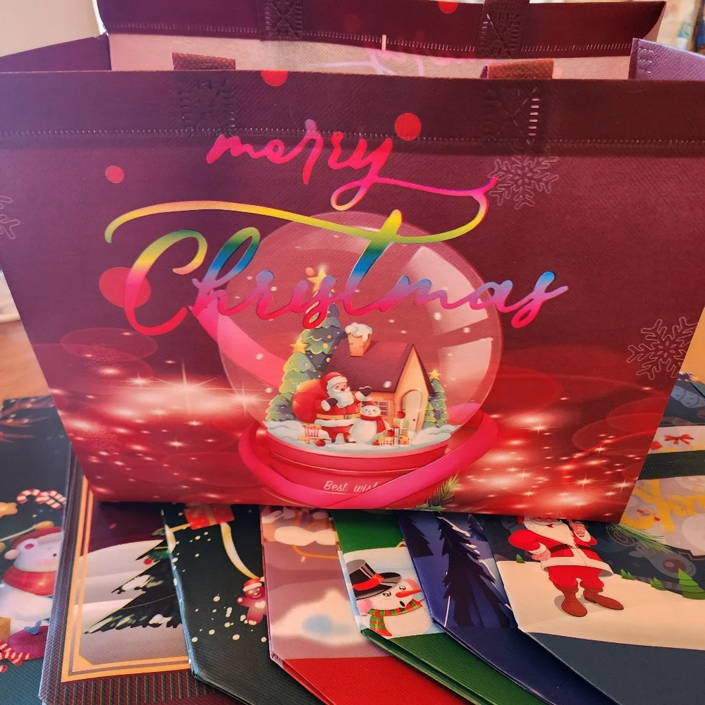 10 Festive Christmas Gift Bags Set. Size Last Photo. Great Reuseable Pastic Bags